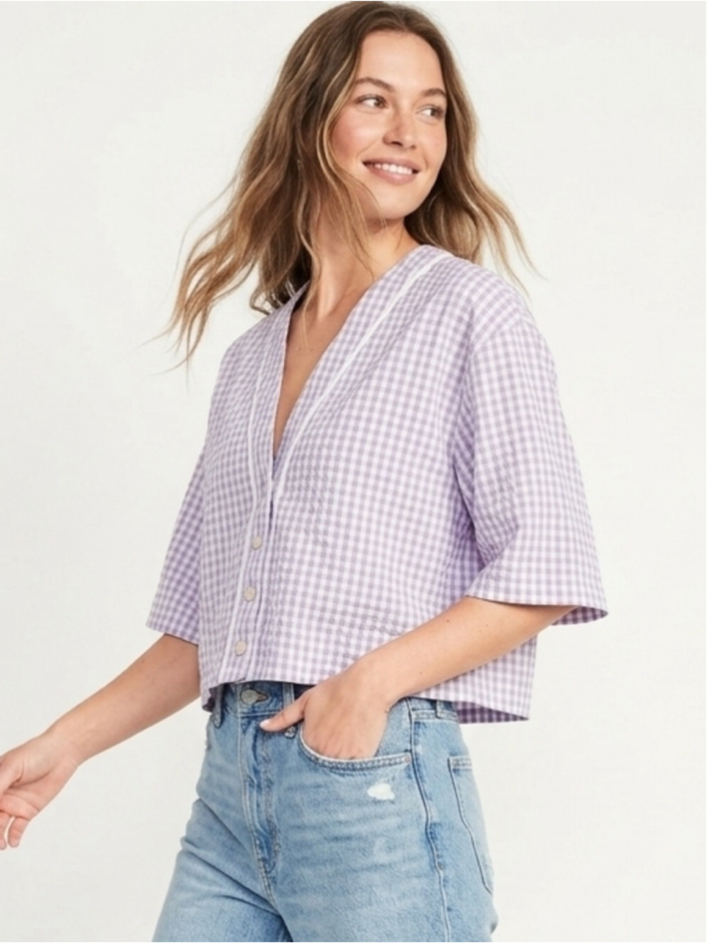 Zara Lilac Gingham Cropped Blouse Cottagecore Seersucker Coquette V-Neck Med 948